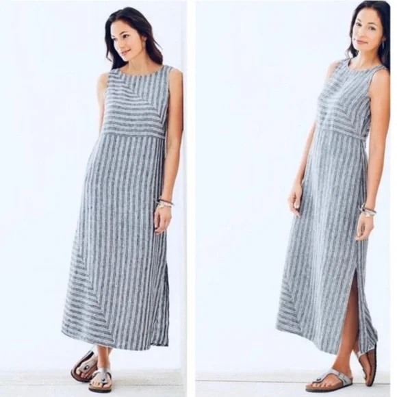J. Jill | Dresses | J Jill Love Linen Midi Maxi Dress Sz Large Tall Blue  White Stripe Slit Hem | Poshmark